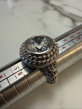 Judith Ripka silver cocktail ring with solitaire CZ setting, size 7